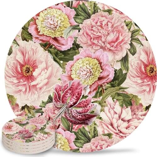 Vintage Shabby Chic Peony Lily Flowers Placemats for Table Kitchen Coffee Table Decor Accessories Ceramic Coasters