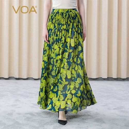 VOA Silk Printed Georgette Double Thin Elegant Natural Waist Pleated Small Fresh Ladies Casual Skirt CE65 Woman Skirts