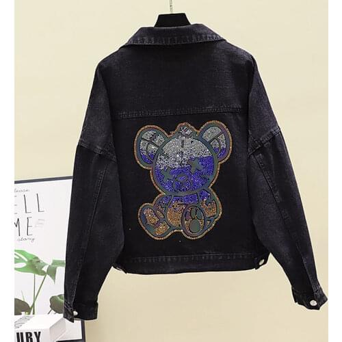 Denim Jacket Female Loose Bf Korean Version Of The Trendy Ins 2021 Spring New Bear Hot Diamond Black All-Match Blouse