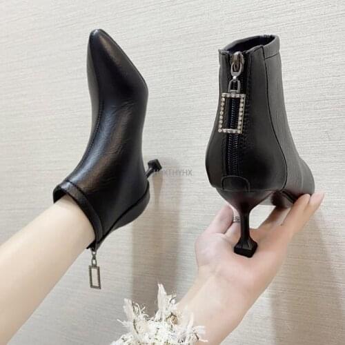 Womens High-heeled Short Boots 2020 Spring and Autumn New Black Stiletto Womens Boots Pointed Back Zipper Martin Boots Woman