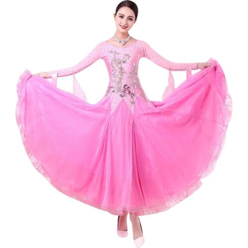 Customized women pink Ballroom Dance Dresses High quality Waltz tango dancing dress long sleeve modern dance customes