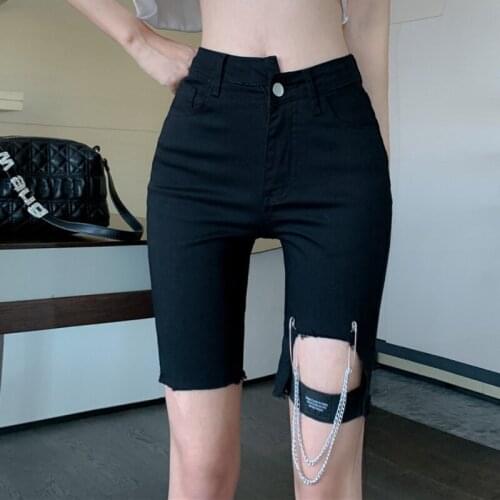 Zoki Skinny Women Knee Jeans Summer Black 2021 Elastic Denim Joggers Half Jean Fashion Tassel Chain Moto Biker Female Pants New