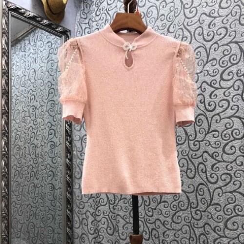 2021 Autumn Fashion Tops High Quality Pullovers Women Lace Patchwork Short Sleeve Casual Pink Knitted Jumpers Ladies Knitwear