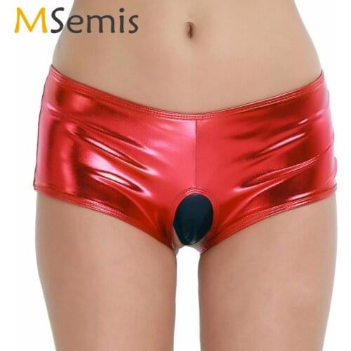 Womens Lingerie Sexy Open Crotch Metallic Panties Wetlook Leather Booty Panty Club Wear Erotic Pole Dance Crotchless Mini Shorts
