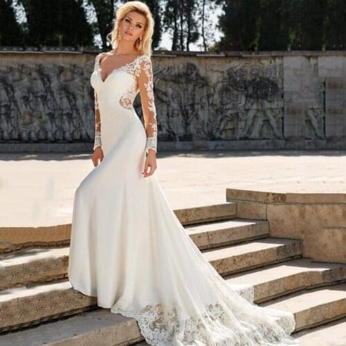 SoDigne Vintage Wedding Dress Mermaid 2020 Vestidos de novia Lace Appliques Long Sleeves Satin Bridal Dress Wedding Gowns