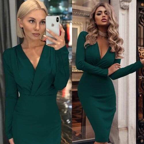 2021 Female Spring And Autumn Casual Solid Color Long-sleeved Elegant Ladies Dress Sexy Deep V-neck Tight Fashion Party Dresses