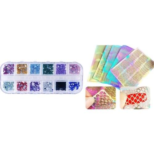 1200Pcs New Nail Art Rhinestones Glitters Acrylic Tips Decoration With 60Pcs Styles Nail Stencils Art Nail Stickers Set