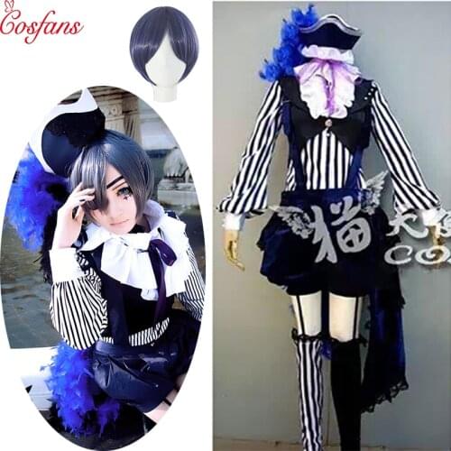 8PCS Anime Black Butler Kuroshitsuji Cosplay Ciel Phantomhive Circus Uniform Costume Whole Set Halloween Cosplay Costume and wig
