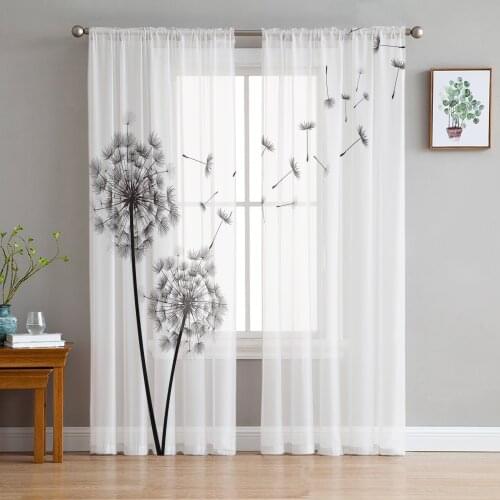 Black And White Dandelion Tulle Curtains for Living Room Decoration Modern Chiffon Sheer Voile Kitchen Curtain