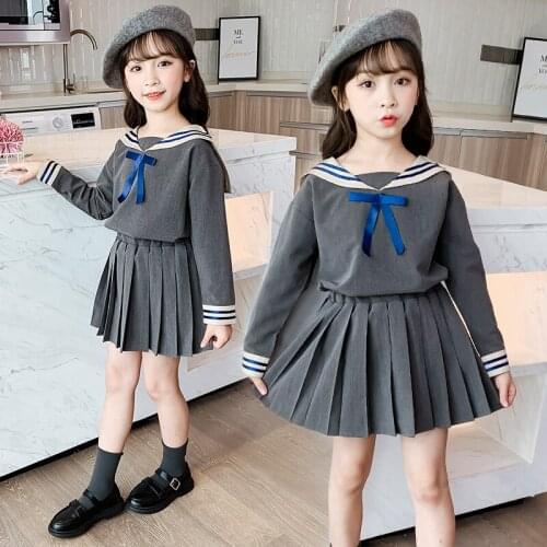 College Kids Girls Suit Crew Neck Shirt Tops Stripe Pleated Skirts Sets School Student Girls Clothes 2020 Autumn 2 piece Sets 8y