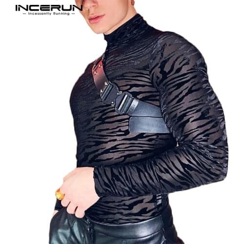 INCERUN Men Mesh T Shirt Turtleneck Long Sleeve See Through Print Casual Sexy Tee Tops 2021 Streetwear Party Nightclub Camisetas