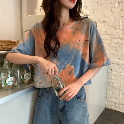 Tie-dye short t-shirt female tide 2021 summer Korean student loose short-sleeved hot girl high-waisted navel top clothes y2k