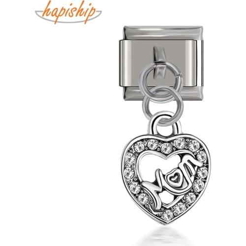 Hapiship 2019 New Original Daisy Heart Mom White Rhinestone Italian Charm Fit 9mm Bracelet Stainless Steel Jewelry Making DJ52