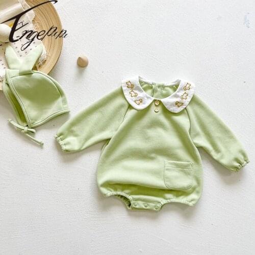 Engepapa Korean Style Baby Girl Lapel Long Sleeves Romper+Cute Rabbit Ears Hat 2pcs Jumpsuit Pocket Autumn Infant Baby Costume