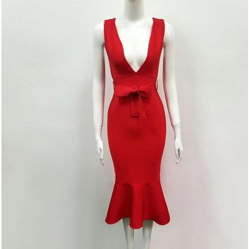 Red Bandage Dress Bodycon New Year Dresses for Women 2021 Sexy Solid High Quality Midi Bandage Robe Party