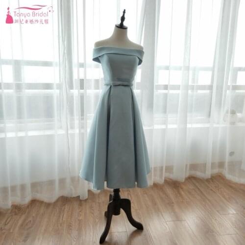 Sky Blue Off The Shoulder Homecoming Dresses thick Satin graduation dress Cheap Party Gown ZHM024