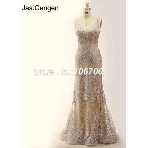 New 2018 Prom Dresses V neck mermaid Silver Nude Glitter Fabric lace Evening Gown vestidos de fiesta largos elegantes de gal 942