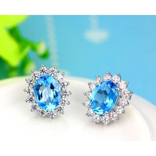 Charm Female Aquamarine Oval Earring 100% Real 925 Sterling Silver Wedding Earrings For Women Luxury Flower Double Stud Earrings