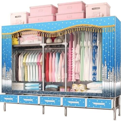 Simple clothes cabinet steel pipe thickened reinforced cloth thickened drawer storage hanging wardrobe