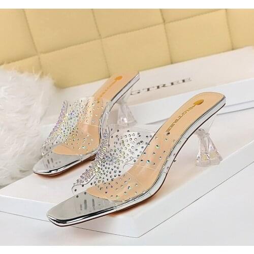 Summer Women Black Transparent PVC Slippers 6cm Slides Shoes Gold Crystal Heels 34 Hollow Out Sandals Rhinestone Kitten Heels 40