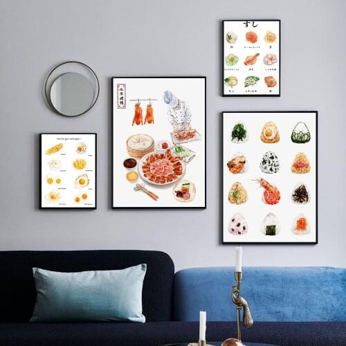 Modern Canvas Painting Wall Art Kitchen Decor Chinese Japanese Foods Poster Peking Duck Fried Egg Rice Ball Sushi Print Picture