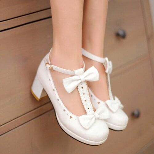 XJRHXJR Shoes Sweet T-strap Cutout Bow Round Toe Casual Thick Heel Single Shoes Cosplay and Lolita Shoes for Woman Girls Pumps