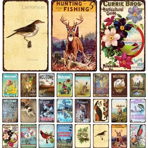 Vintage Metal Signs Animal Elk Pictures Retro Poster Plaque Plate Bird Cat Fishing Flower Pictures Room Club Man Cave Home Decor
