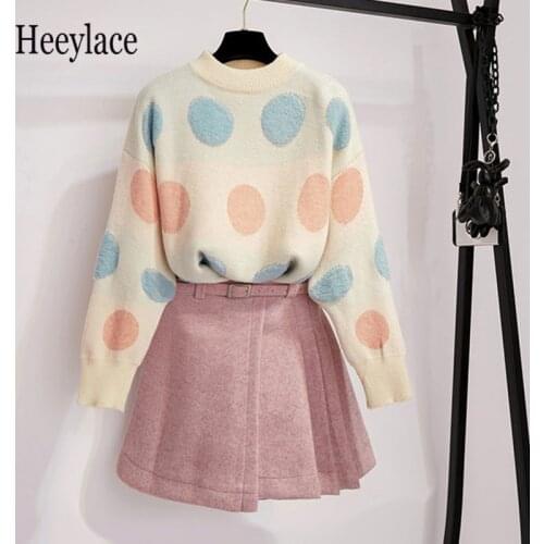 2020 Sweet Candy color Dots O-neck Long-sleeved Loose Warm Sweater Two piece Belt Woolen Pleated Pink Mini Skirt Sets Women