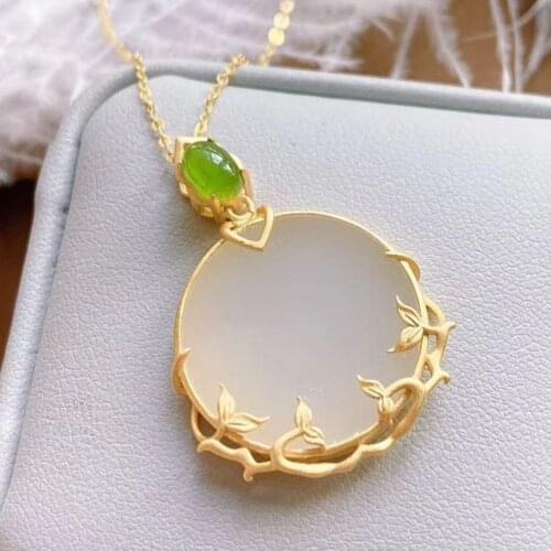 SNew silver inlaid natural Hetian jade round pendant necklace Chinese retro palace style irregular winding womens brand jewelry