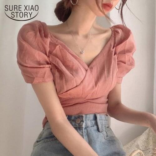 2021 Summer New Vintage Puff Sleeves Cross Waist Small Plaid Shirt Simple V-neck Gentle Elegant Pink Light Yellow Blouse 14143