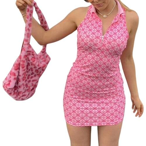 2021 Y2K Women Casual Sleeveless Tight Parti Dress Long Summer Fashion Printing Zipper Lapel Short Bodycon Dress