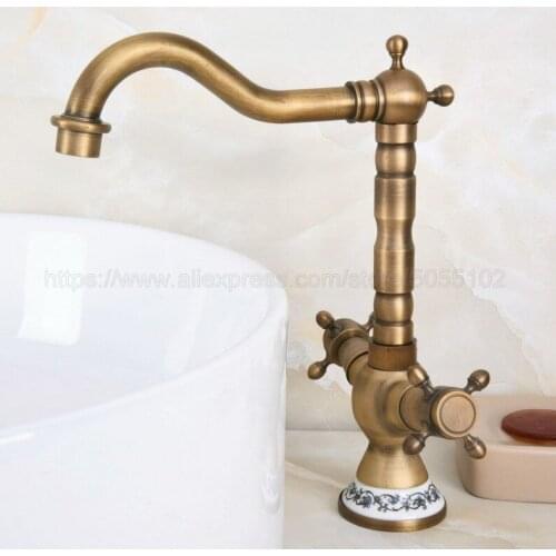 Antique Brass Bathroom Sink Faucet Basin Mixer Tap Double Cross Head Handle Single Hole Hot and Cold Water znf602