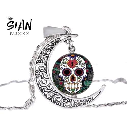 SIAN Mexican Sugar Skull Necklace Day Of The Dead Colorful Folk Art Pattern Glass Dome Moon Necklaces Pendants Jewelry Wholesale