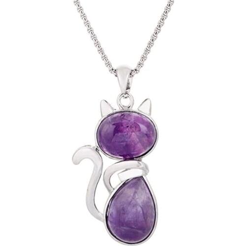 FYJS Unique Silver Plated Cute Cat Shape Pendant Natural Purple Amethysts Necklace Stone Jewelry