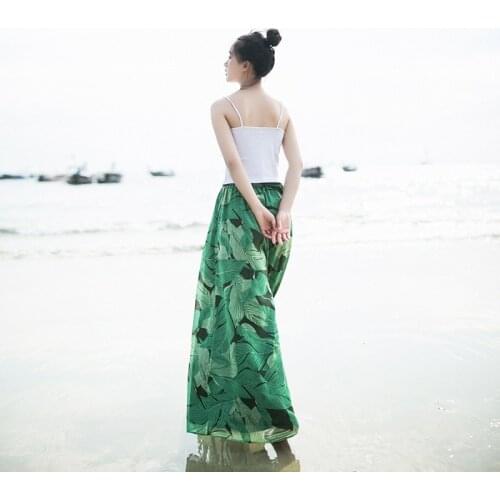 IRINAW623 new arrival summer 2018 elastic waist beach style printed chiffon long wide leg pants women