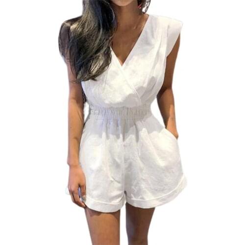 Summer Jumpsuits Solid Color Backless Rompers Flexible V-neck Solid Color Sleeve-less Shorts Jumpsuits for Outdoor New 2021