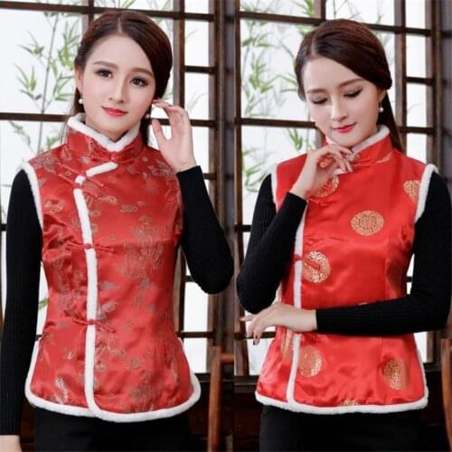 New Year Women Chinese Style Qipao Tang Suit Thicken Velvet Vest Traditional Evening Party Wedding Cheongsam Retro Satin Dress