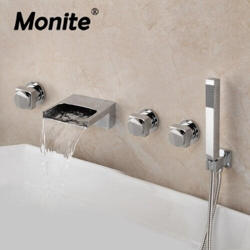 Monite Chrome Polished Waterfall Shower Faucet Modern Wall Mounted Bathtub Shower Set Solid Brass Bathroom Shower Set