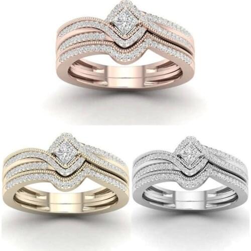 OfertasWholesale Ladies 2PCS Per Set Silver Color Inlaid Square White Cubic Zirconia Crystal Female Rings Set Jewelry for Women