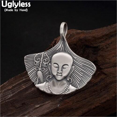 Uglyless 100% Real Solid 999 Pure Silver Handmade Buddha Pendants Necklace NO Chain Ginkgo Leaf Pendant Thai Silver Fine Jewelry
