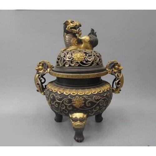 Regius Pure Bronze 24K Gold Silver-gilt Foo Dog Lion Two Dragon kylin Censer