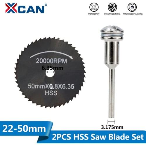 XCAN 2pcs 22-50mm HSS Mini Circular Saw Blade with 3.175mm Mandrel Nirtide Coated Cut off Wheel Wood/Metal Cutting Disc