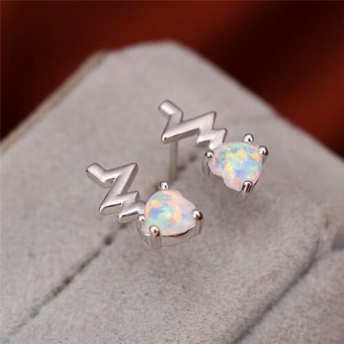 Cute Female Blue Heart Opal Earrings Simple Silver Color Stud Earrings For Women Luxury Lightning Small Wedding Earring