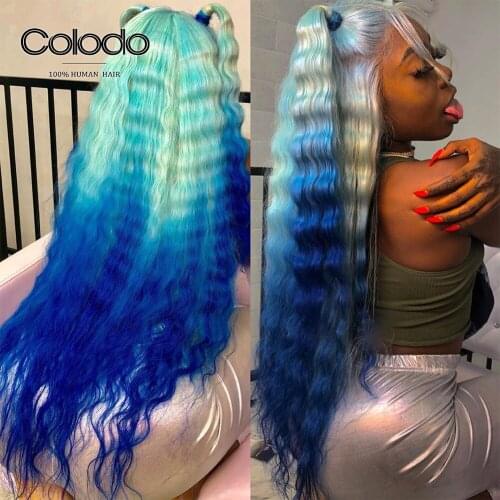 Ombre Blue Deep Wave Lace Frontal Wig Pre Plucked Orange Lace Front Human Hair Wigs Remy Transparent Lace Wigs for Women COLODO