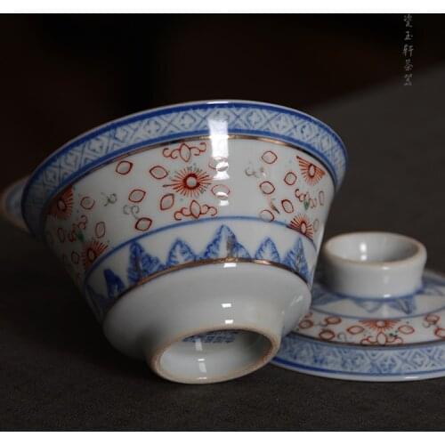 Vintage jingdezhen Porcelain yuxuan Porcelain Kung Fu Tea Set Old Factory Goods 80s Blue and White Fighting Color gaiwan Single