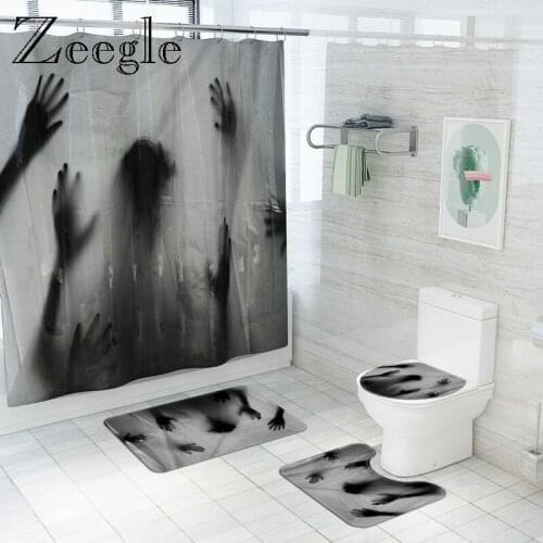 Printed Waterproof Shower Curtain with Bath Mat Bathroom Carpet Anti-slip Shower Foot Mat Mildewproof U-Shaped Toilet Rug Set