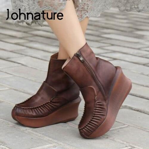 Johnature Genuine Leather Shoes Women Boots 2021 New Winter Zip Wedges Round Toe Handmade Concise Leisure Ankle Platform Boots