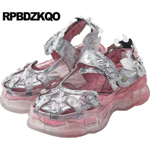 Silver pumps flatform runway platform sandals designer shoes women luxury 2019 genuine leather summer ladies wedge closed toe