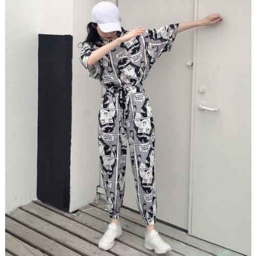 Women Korean Style Fashion Cartoon Long Loose Sports Causal Women\s Sets T-Shirt Top + Long Pants For Ladies