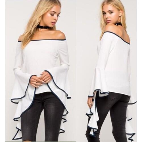 Sexy Off Shoulder Shirt Slash Neck Slim Tops Women Flouncing Flared Sleeve Tops Shirts Blouse Blusas New Arrivals